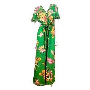 FLYING TOMATO Chic Green Pink Floral Jumpsuit Crepe Fabric with Belt LARGE